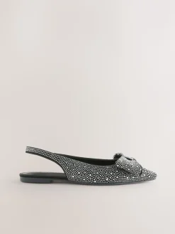 Next Black Heatseal Forever Comfort® Point Toe Bow Slingback Flat Shoes New