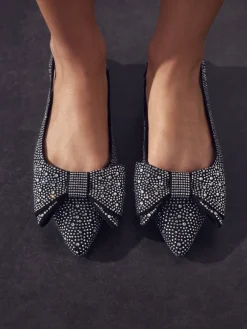 Next Black Heatseal Forever Comfort® Point Toe Bow Slingback Flat Shoes New