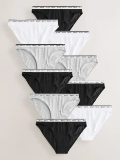 Next Black High Leg Cotton Logo Knickers 10 Pack Clearance