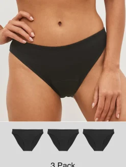 Next Black High Leg Full Brief Medium Flow Cotton Period Knickers 3 Pack New