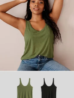 Next Strappy Scoop Neck Slouch Ribbed Vests 2 Pack Black/ Khaki Green New