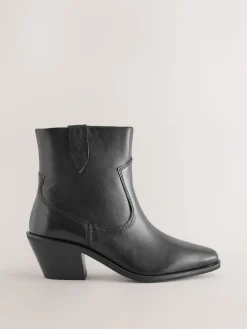 Next Extra Wide Fit Cowboy Block Heel Ankle Boots Black Leather
