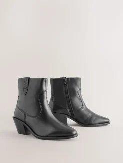 Next Extra Wide Fit Cowboy Block Heel Ankle Boots Black Leather