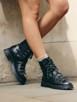 Next Forever Comfort® Buckle Trim Lace Up Boots Black Leather