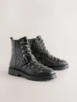 Next Forever Comfort® Buckle Trim Lace Up Boots Black Leather