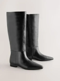 Next Forever Comfort® Flat Chisel Toe Knee High Boots Black Leather Clearance