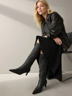 Next Knee High Skinny Heeled Boots Black Leather Sale