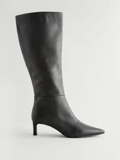 Next Knee High Skinny Heeled Boots Black Leather Sale