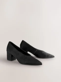 Next Leather Point Toe Low Block Heels Shoes Black Clearance
