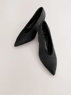 Next Leather Point Toe Low Block Heels Shoes Black Clearance