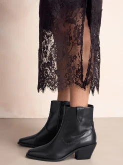 Next Standard/Wide Fit Cowboy Block Heel Ankle Boots Black Leather Outlet