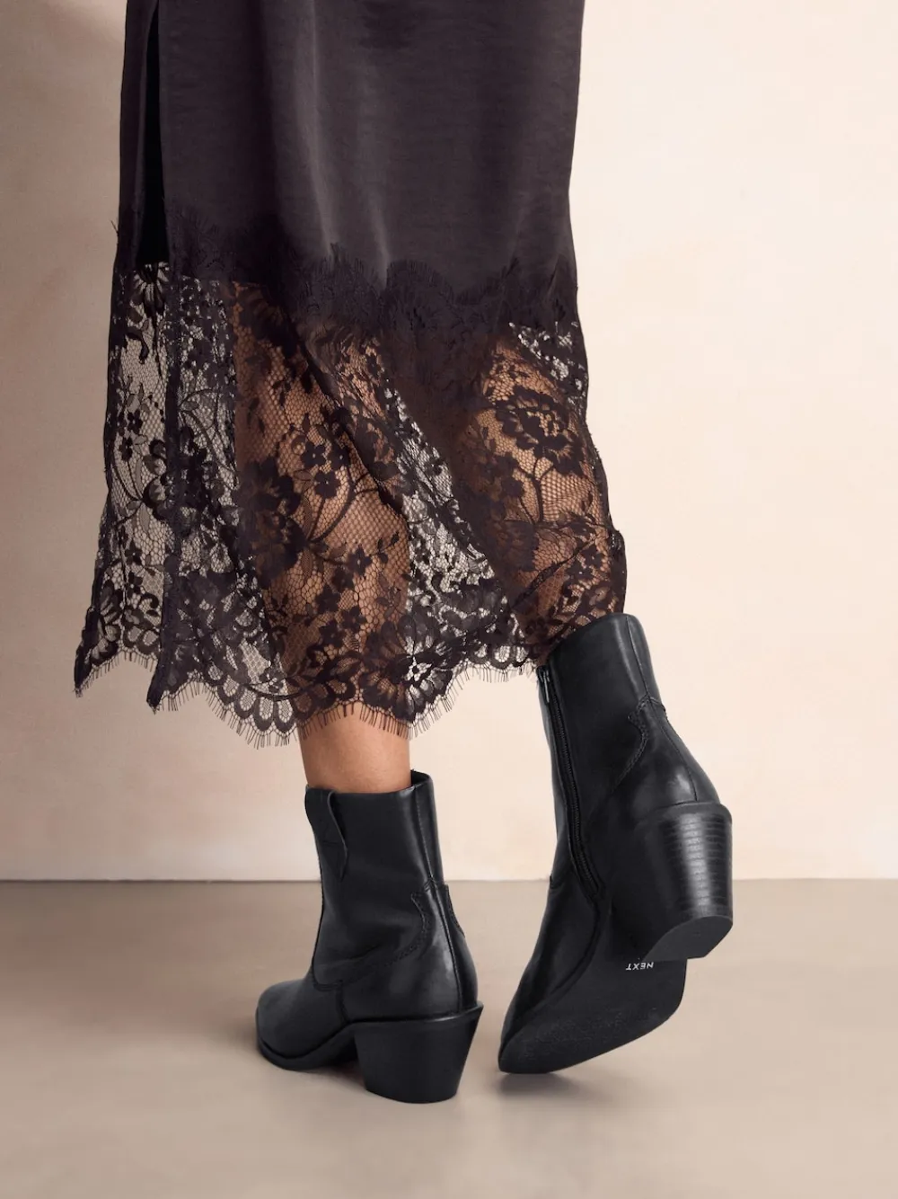 Next Standard/Wide Fit Cowboy Block Heel Ankle Boots Black Leather Outlet