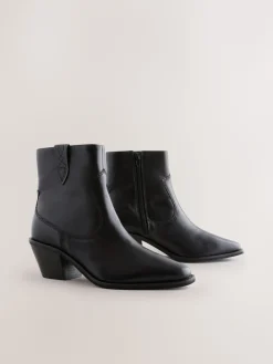 Next Standard/Wide Fit Cowboy Block Heel Ankle Boots Black Leather Outlet