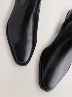 Next Standard/Wide Fit Cowboy Block Heel Ankle Boots Black Leather Outlet