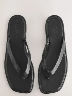Next Standard/Wide Fit Square Toe Thong Sandals Black Leather Discount