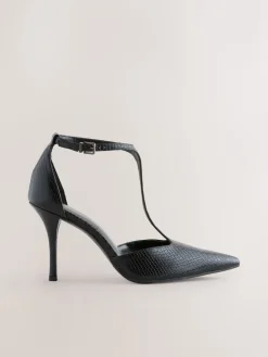 Next Leather T-Bar Pointed Toe Heels Black Lizard Effect Sale