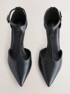 Next Leather T-Bar Pointed Toe Heels Black Lizard Effect Sale
