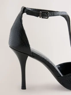 Next Leather T-Bar Pointed Toe Heels Black Lizard Effect Sale