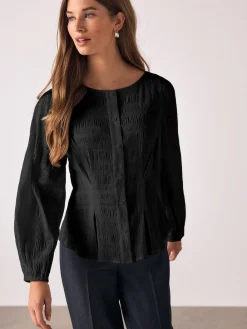 Next Long Sleeve Boatneck Textured Button-Front Blouse Black Sale