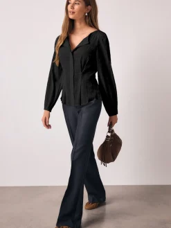 Next Long Sleeve Boatneck Textured Button-Front Blouse Black Sale