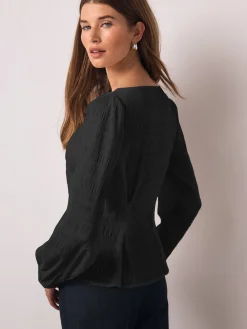 Next Long Sleeve Boatneck Textured Button-Front Blouse Black Sale