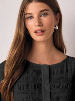 Next Long Sleeve Boatneck Textured Button-Front Blouse Black Sale