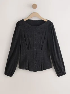 Next Long Sleeve Boatneck Textured Button-Front Blouse Black Sale
