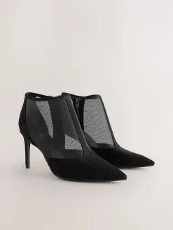 Next Black Mesh Detail Pointed Toe T-Bar Ankle Boots