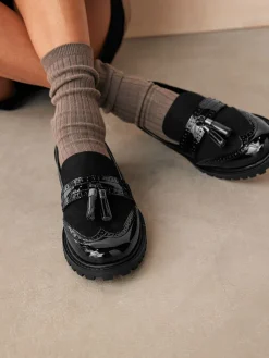 Next Standard/Wide Fit Tassel Detail Cleated Chunky Loafer Shoes Black Mix New