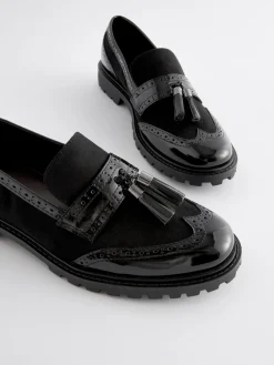 Next Standard/Wide Fit Tassel Detail Cleated Chunky Loafer Shoes Black Mix New