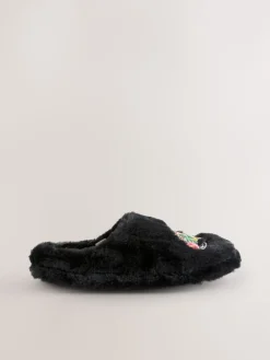 Next Black Mule Faux Fur Lepord Slippers New