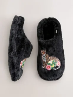 Next Black Mule Faux Fur Lepord Slippers New