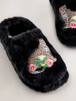 Next Black Mule Faux Fur Lepord Slippers New