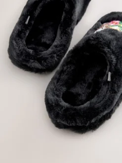 Next Black Mule Faux Fur Lepord Slippers New
