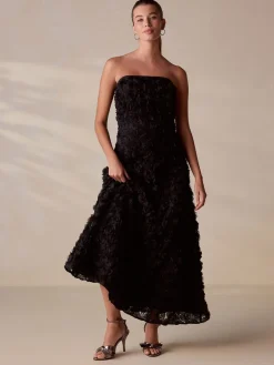 Next Occasion 3D Floral Bandeau Maxi Dress with Detachable Straps Black