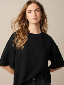 Next Black Oversized Relaxed Fit Boxy Heavyweight Crew Neck T-Shirt Hot