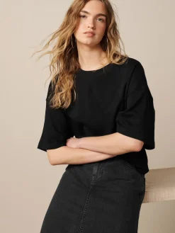 Next Black Oversized Relaxed Fit Boxy Heavyweight Crew Neck T-Shirt Hot