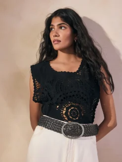 Next Wide Leather Belt Black Plaited Clearance