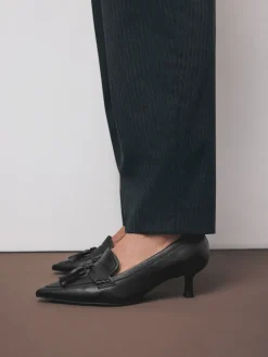 Next Premium Leather With Motionflex Point Toe Tassel Heels Loafers Black Discount