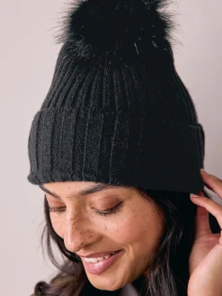 Next Black Rib Knit Pom Hat Outlet