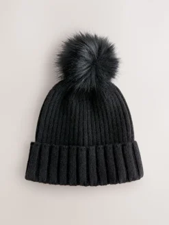 Next Black Rib Knit Pom Hat Outlet