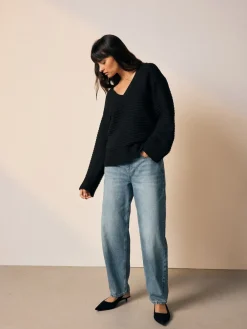 Next Ribbed V-Neck Knitted Jumper Black Outlet