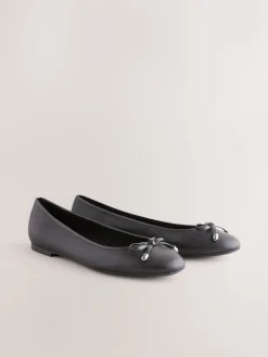 Next Round Toe Leather Ballerina Shoes Black Hot