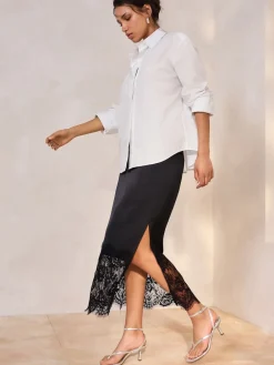 Next Satin Midi Skirt With Lace Trim Black