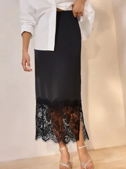 Next Satin Midi Skirt With Lace Trim Black