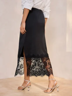 Next Satin Midi Skirt With Lace Trim Black