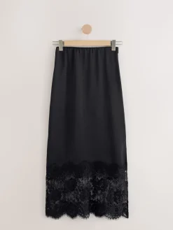 Next Satin Midi Skirt With Lace Trim Black