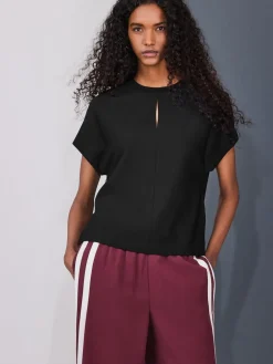 Next Short Sleeve Keyhole Crew Neck Top Black New