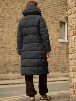 Next Black Shower Resistant Padded Hooded Longline Coat Outlet