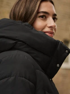 Next Black Shower Resistant Padded Hooded Longline Coat Outlet